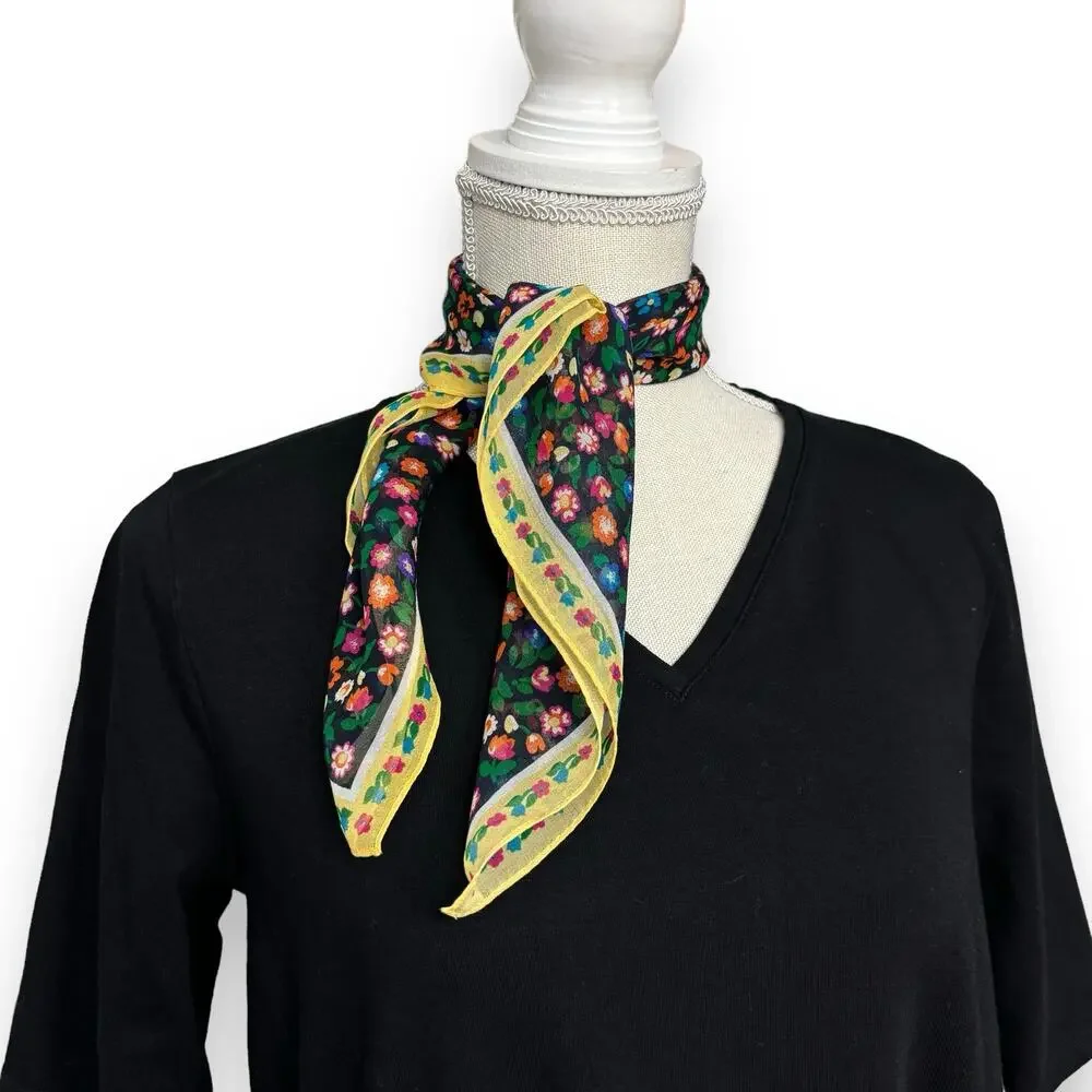 Talbots Black Floral Square Silk Scarf